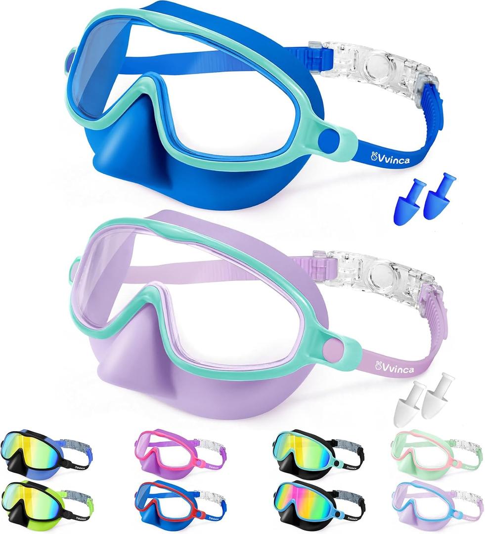 Vvinca Swim Goggles with Nose Cover, 2 Pack Wide View Diving Mask Anti-Fog UV No Leak Toddlers Swimming Goggles for Kids 3-15 (02-Blue& Purple)