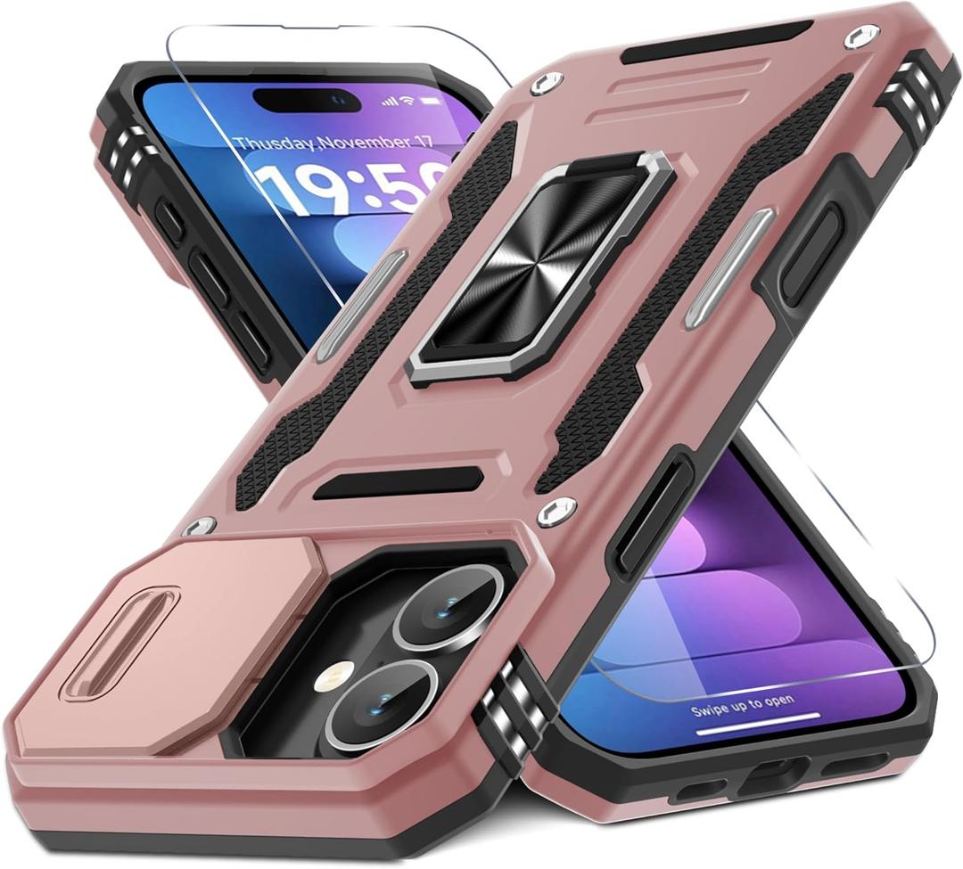 DEERLAMN Case for iPhone 16 Plus with Slide Camera Cover+Screen Protector (1 Pack), Rotated Ring Kickstand Military Grade Shockproof Protective Cover-Rose Gold
