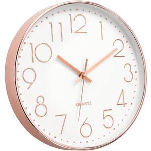 Foxtop Modern Wall Clock 12 Inch Non-Ticking Silent Battery Operated Round Quartz Rose Gold Wall Clock for Office Bedroom Living Room Kitchen Home School Decor