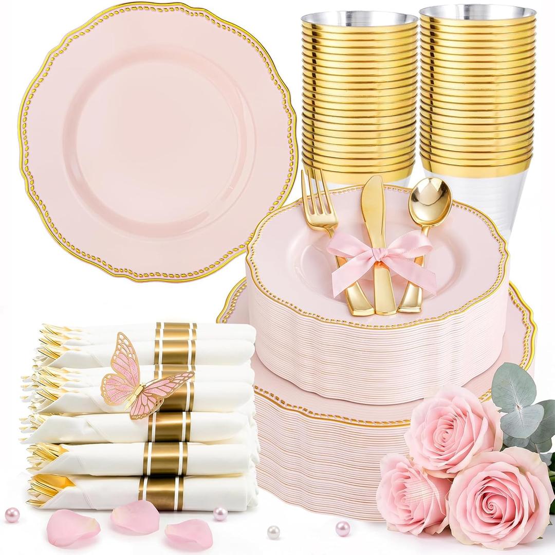Hioasis 350pcs Pink and gold Plastic Plates - Pink Plastic Dinnerware Set Includes 50 Dinner Plates, 50 Dessert Dinnerware, 50 Cups, 50 Rolled Napkin Cutlery Perfect for Wedding & Mothers Day