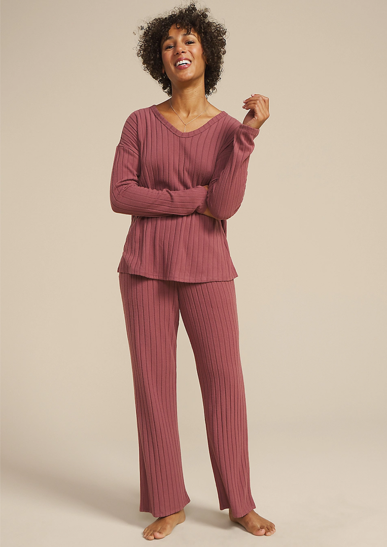 Cozy Wide Ribbed Long Sleeve Tee And Wide Leg Pajama Set (XL, Pink)
