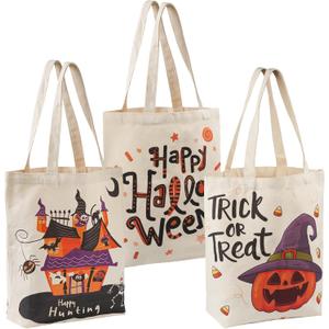 ATFUNSHOP 13.8" Large Halloween Tote Bag Trick or Treat Canvas Reusable Large Bucket for Kids Boo Pumpkin Ghost