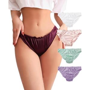Satin Bikini Panties for Women, Frill Trim Ruched Cheeky Underwear, Low Rise Shiny Panties Silky Bikini Briefs (Small, Pink)