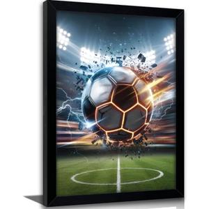 Framed Lightning Soccer Ball Wall Art, Dynamic Stadium Soccer Canvas Print, Modern Sports Poster with Solid Wood Frame, Energetic Soccer Wall Decor for Boys Bedroom Bar, 16"L x 24"W