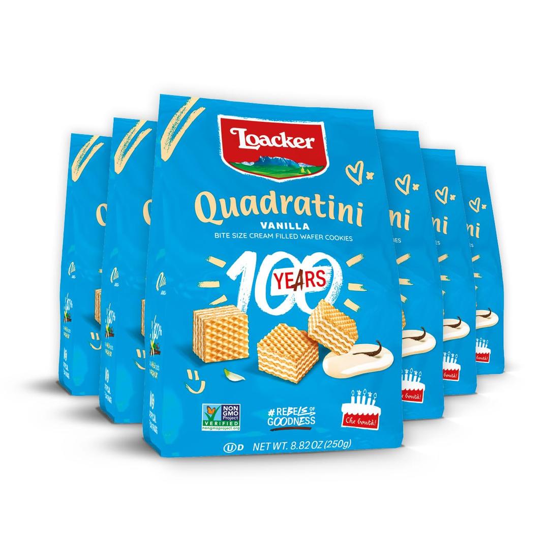 Loacker Quadratini Vanilla Wafer Cookies LARGE - 30% Less Sugar - Premium Crispy Bite Size Wafers - NON-GMO - LARGE Pack of 6 (EXP 02/28/27)