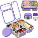 Pawtong Stainless Steel Bento Box Kids Adult with 7oz Insulated Food Jar, Transparent Lid Metal Lunch Box With Soup Thermal Jar, Lunch Box Container with Removable Divider & Sauce Cup School (Purple)