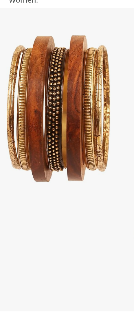 Touchstone Indian Bollywood Handcrafted Wooden Women Bamboo Wood Jewelry African Gold Bangle Set Of 7 With Natural Crafted Wood Floral Brass Fine Designer Jewelry Bangle Set For Women. Pack Of 1