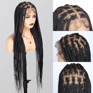 36 Inch Full Lace Braided Wigs for Black Women, 360 HD Single-layer Square Knotless Box Braid Wig with Baby Hair Handmade Synthetic Hair Blended Lace Front Wig Natural Black