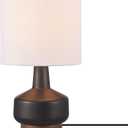 Globe Electric 15" Ceramic Table Lamp, Matte Black Base, Wood-Toned Accent, White Linen Shade, Dual Rotary Switch, Modern Bedroom or Office Lighting, 61000046