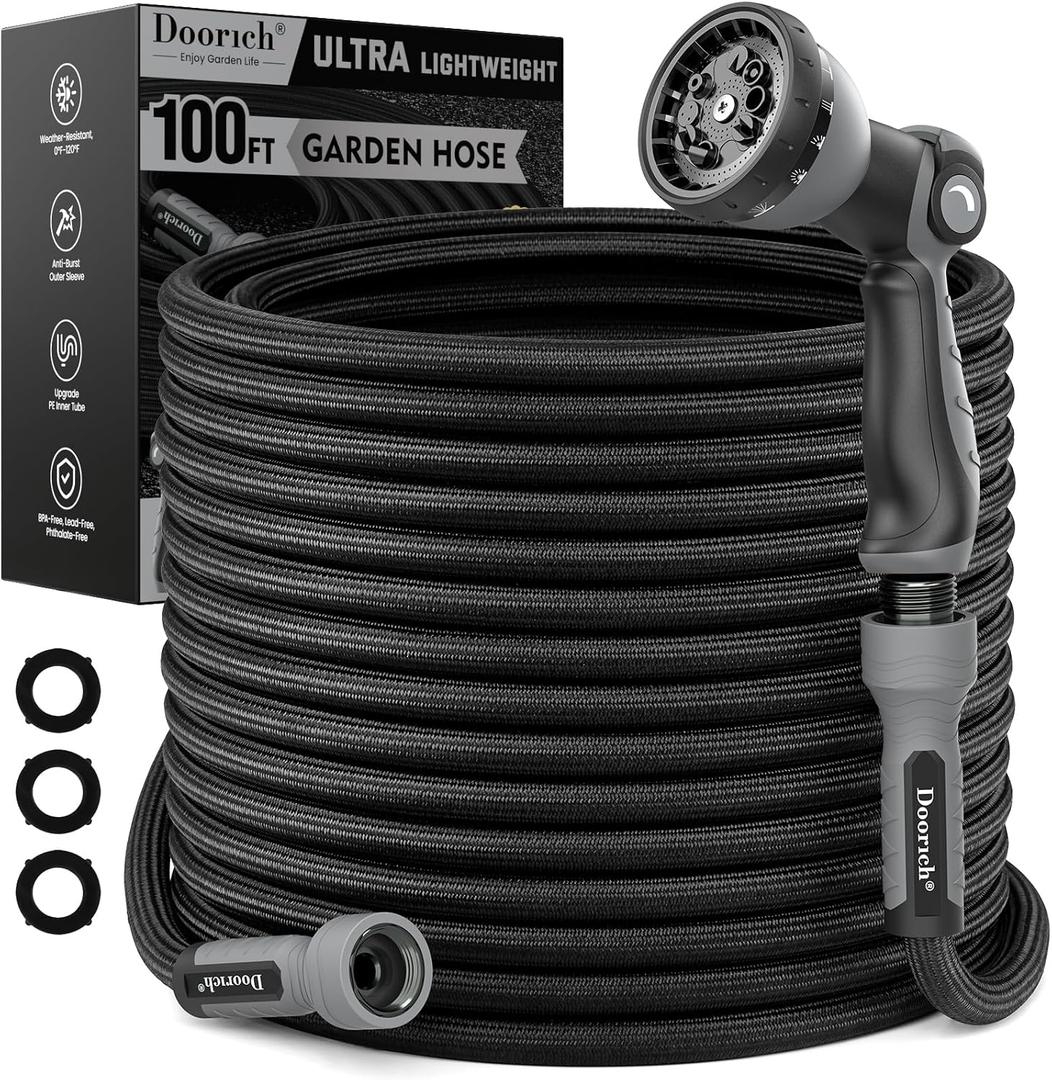 Garden Hose, Flexible Ultra Lightweight Durable, Kink-Free Water Hose with 10 Function Sprayer - Non-Shrinking, Easy to Store, All-Weather, High-Pressure, Black (100 FT)