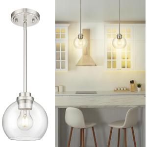Pendant Lights Kitchen Island, 7" Modern Brushed Nickel Hanging Lights Fixtures with Clear Glass Globe Shade, Kitchen Island Lighting for Bathroom, AD-22280-1P-SN-C, 1 Pack