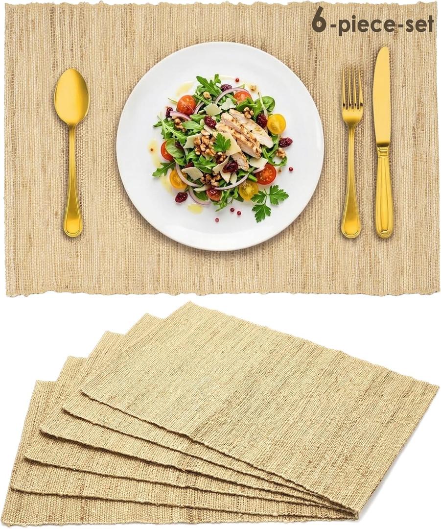 Placemats Set of 6, Ramie Placemats for Dining Table, Natural Woven Place Mats, Heat Resistant Washable Table Mats, Farmhouse Boho Table Decor, Housewarming Gift