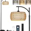 Arc Floor Lamp with Remote Control, Dimmable LED Floor Lamp with 3 Color Temperature, Black Standing Lamp with Rattan & Fabric Double Drum Shade, Boho Farmhouse Tall Pole Lamp for Living Room Bedroom