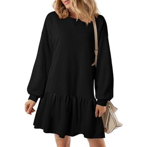 BLENCOT Womens 2025 Fall Long Sleeve Pullover Tops Crewneck Rib Knit Patchwork Sweatshirt Dress Casual Mini Dresses (Medium, Black)