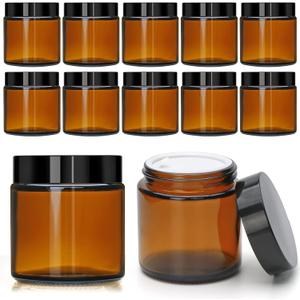 4oz Glass Amber Cosmetic Jars with Black Lids, 12 Pack Empty Small Glass Jars with Inner Liners, Round Sample Container for Cream, Lotion, Ointments