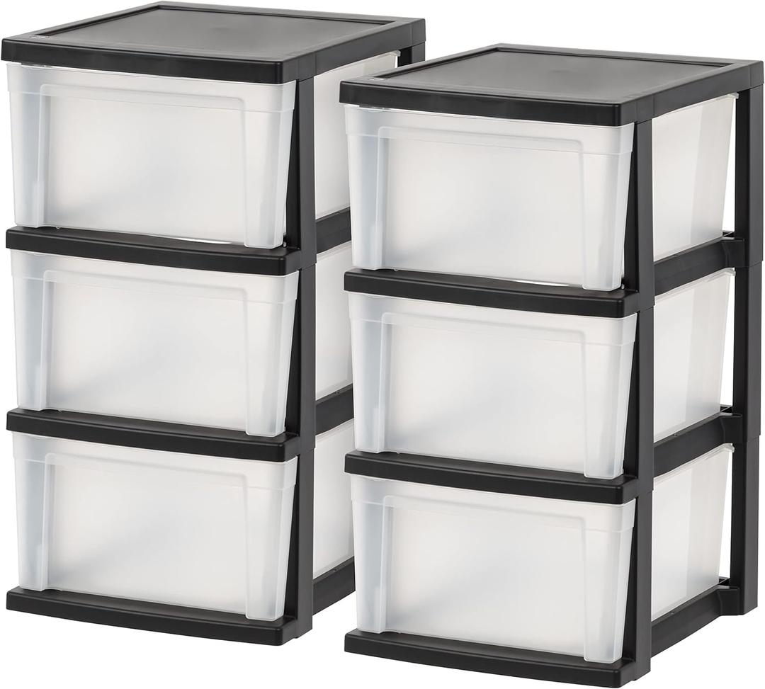 IRIS USA Plastic Drawer Storage Organizer, 3-Drawers, 2-Pack, for Classroom Art Craft Supplies, Bathroom Bedroom, Laundry Room, Black/Clear