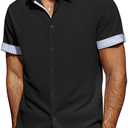 PJ PAUL JONES Men's Short Sleeve Button Down Shirt Wrinkle Free Casual Summer Beach Shirts with Plaid Contrast Flip Cuffs, S