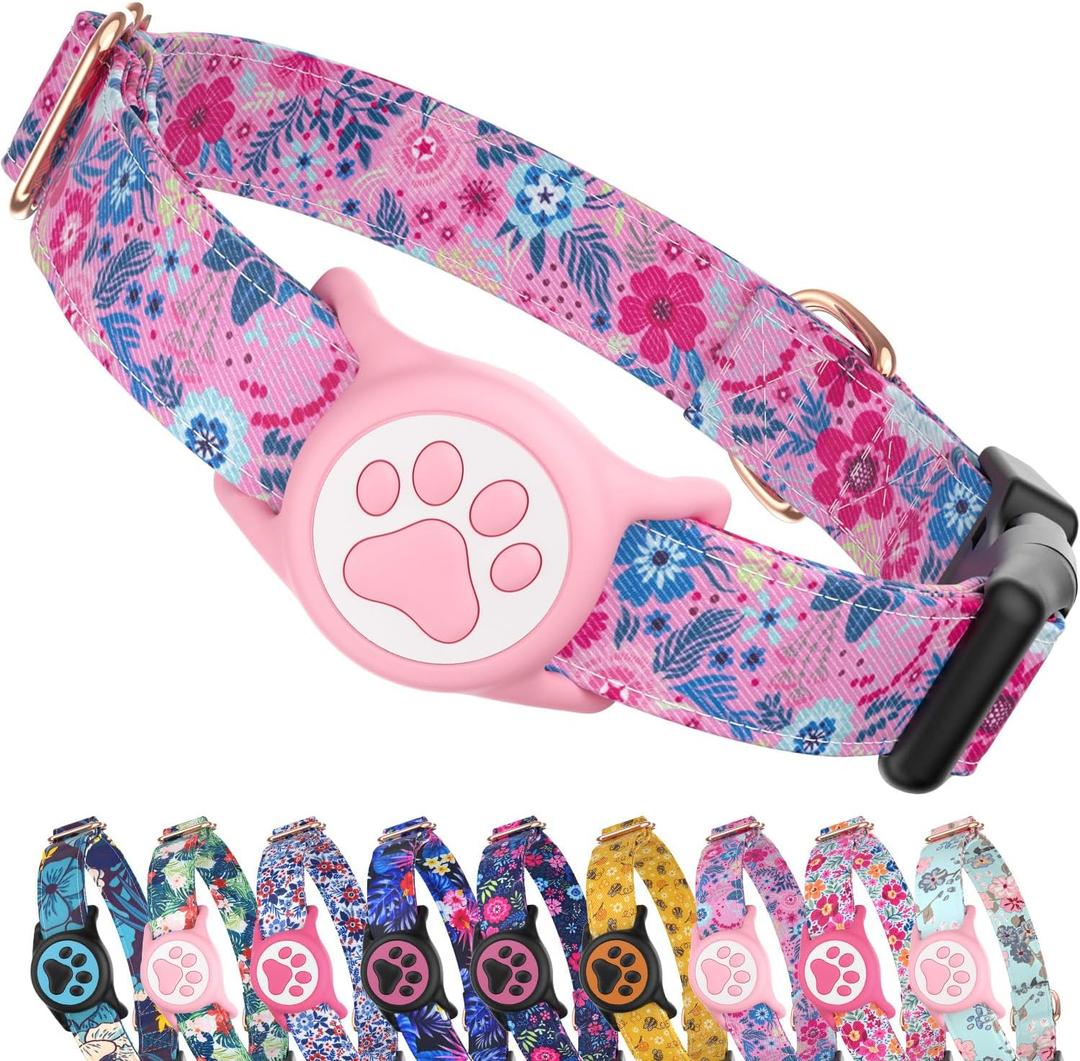 Airtag Dog Collar,with Waterproof airtag HolderOriginal Stylish Cute Pattern Design.QR Code ID BuckleComfortable Soft Cotton for Small Medium Large Dogs (S10~16), Pink Garden)