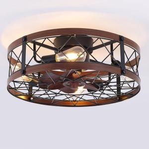 REDSTAR Flush Mount Caged Ceiling Fan with Lights, 20" Small Bladeless Ceiling Fans with Remote, Rustic Low Profile Ceiling Fans Quiet Reversible Enclosed Ceiling Fan for Bedroom Kitchen Farmhouse (Black)