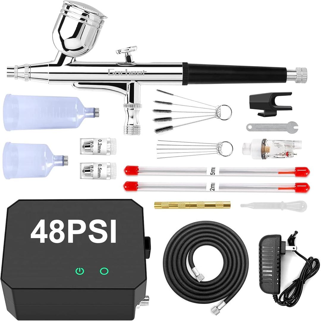 Gocheer Airbrush Kit with Air Compressor, 48 PSI High Pressure Air Brush Non-Clogging with 0.2/0.3/0.5mm Nozzle/Cleaning Sets, Ideal for Painting, Modeling, Cake Decor, Makeup (Black, 48 PSI)