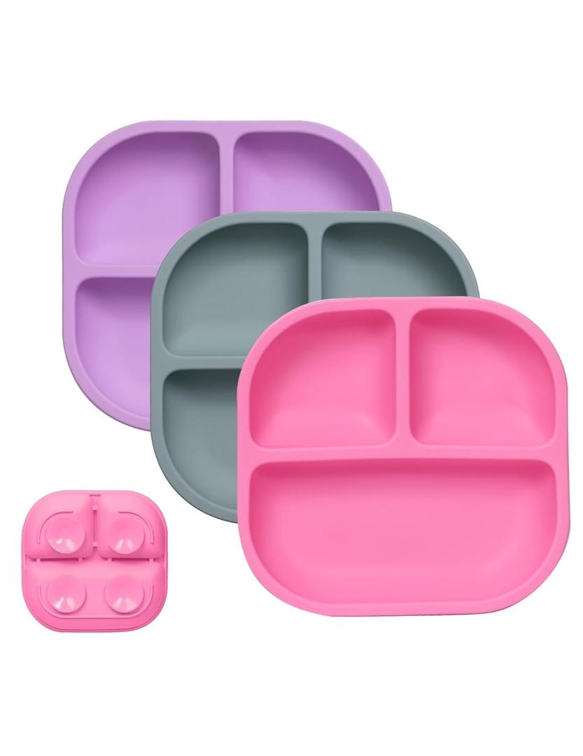 BABELIO Powerful Suction Plates for Baby and Toddler, 100% Food Grand Silicone, Divided, BPA Free, Microwave & Dishwasher Safe, Stay Put, 3 Pack (2-Rose Pink/Violet/Gray Blue)