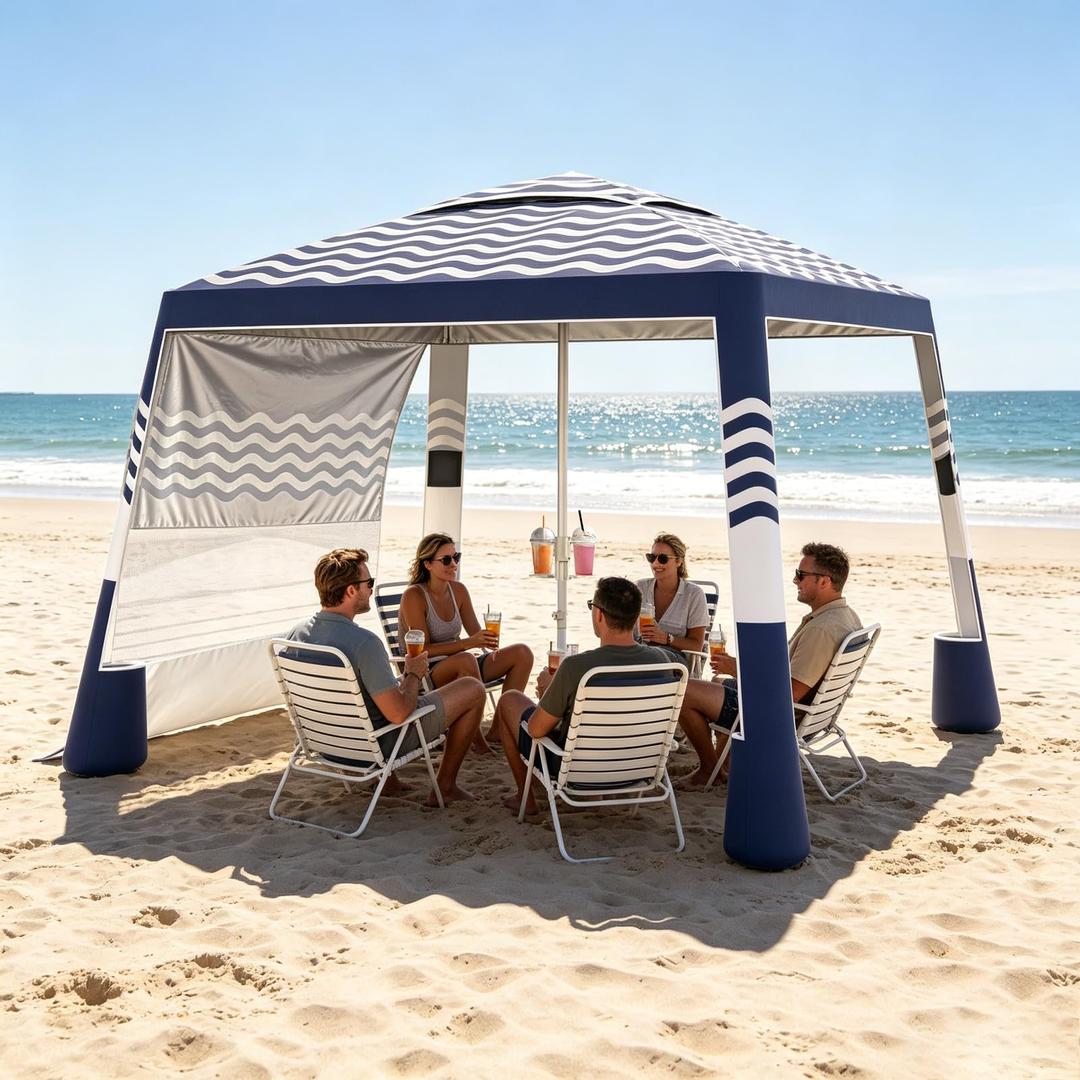 Hqeeun Beach Cabana, 8'X 8' Beach Canopy Tent Sun Shade, UPF 50+ Protection Silver-Coated Beach Tent Sun Shelter with Sandbags & Side Wall for Family, Portable Beach Shade, Easy Setup, Navy Stripes