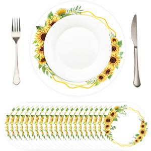50 Pcs 13 Inch Sunflower Circular Disposable Placemats Floral Place Mats for Wedding Paper Charger Plates for Dinner Birthday Party (Yellow & Green)