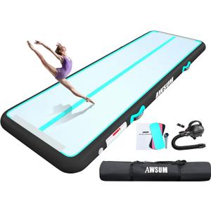 AWSUM Inflatable Air Gymnastics Mat 10ft/13ft/16ft/20ft/23ft Training mat 4/8 inches Thick tumbling mat with Electric Pump for Home/Gym/Outdoor (Mint Green/Black)
