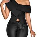 OYOANGLE Women's Off The Shoulder Tops Going Out Summer Trendy T Shirts Button Asymmetric Split Hem Dressy Blouses (Black, L)