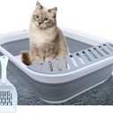 Collapsible Small Cat Litter Box,Open Top Cats Litter Pan with Scoop Waterproof & Foldable Kitten Potty Toilet Anti-Splashing Low Entry Kitty Travel Litter Tray Semi-Enclosed Easy Clean(Gray)