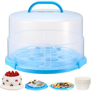 12 Inch Large Cake Carrier with Lid and Handle for 12" Round 7" High Cake Adjustable Plastic Pies Carrier Portable Cupcakes Transport Container for Cookies Pizza and More(Blue)