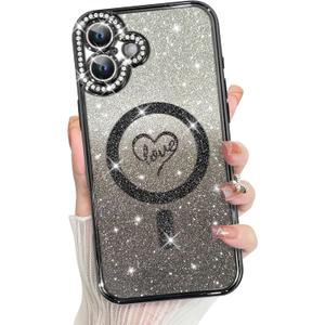 MZELQ Compatible with iPhone 16 Case Plating Magnetic [Support for Magsafe] Bling Glitter Love Heart Back Diamond Camera Lens Cover Crystal Matte Luxury Case for Girls Women -Black