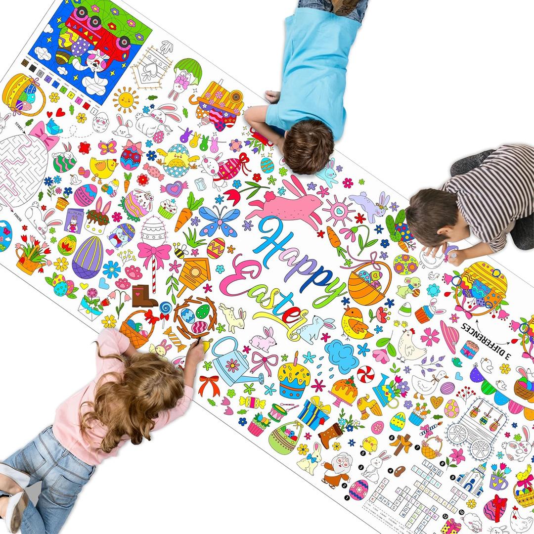 3 x Easter Coloring Poster, Large Coloring Activity Paper 75” x 31” Jumbo Size Versatile Paper DIY Painting Drawing Banner/Tablecloth for School, Spring Theme Parties, Wall Decor