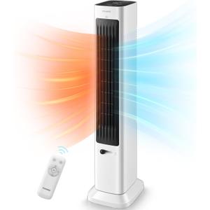 FOHERE Oscillating Tower Fan and Space Heater in One for Indoor Use, All Season High-Velocity Fan and Heater Combo Safety with Overheat Protection, Timer, Installation Free, 1500W, 37.9 Inches, White