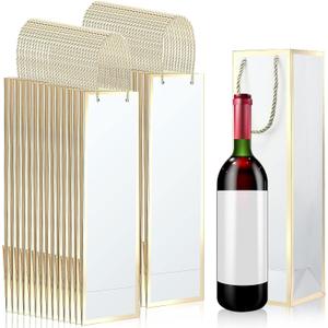 50 Pack Wine Bags Wine Bottles Gift Bags Bulk with Handles 13.8x3.8x3.8 Inch Reusable Gold Foil Print Kraft Paper Liquor Bottle Gift for Birthday Party Wedding Bridal Shower(White)