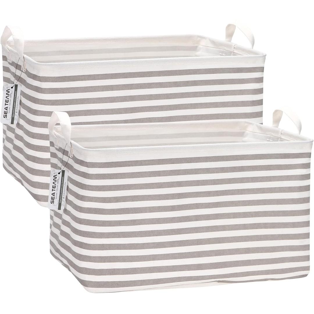 Sea Team 2-Pack Collapsible Canvas Fabric Storage Basket with Handles, Rectangle Waterproof Storage Bin, Box, Cube, Foldable Shelf Basket, Closet Organizer, 16.5 x 11.8 x 9.8 Inches, Grey Stripe