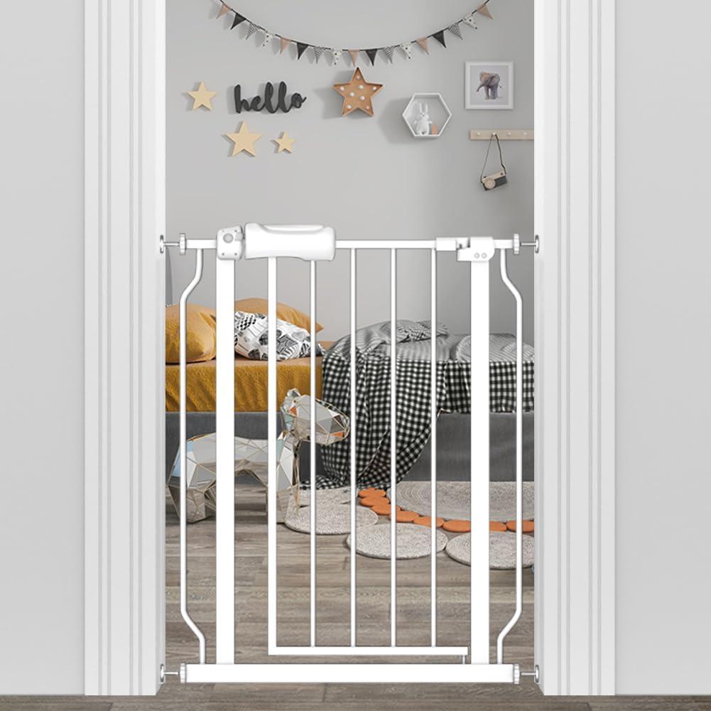 Narrow Baby Gate 24 to 29 Inch Wide Pet Gate Pressure Mounted No Drill Safety Gate Walk Through Metal Child Gate for Kids Stairs or Pets Indoor White (24.02"-29.13"/61-74cm)