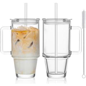 KEMORELA Glass Cups with Lids and Straws 2PCS, 24oz Clear Tumblers with Handle, Reusable Drinking Glasses for Iced Coffee, Tea, Water, Leak Proof Lid, Dishwasher Safe
