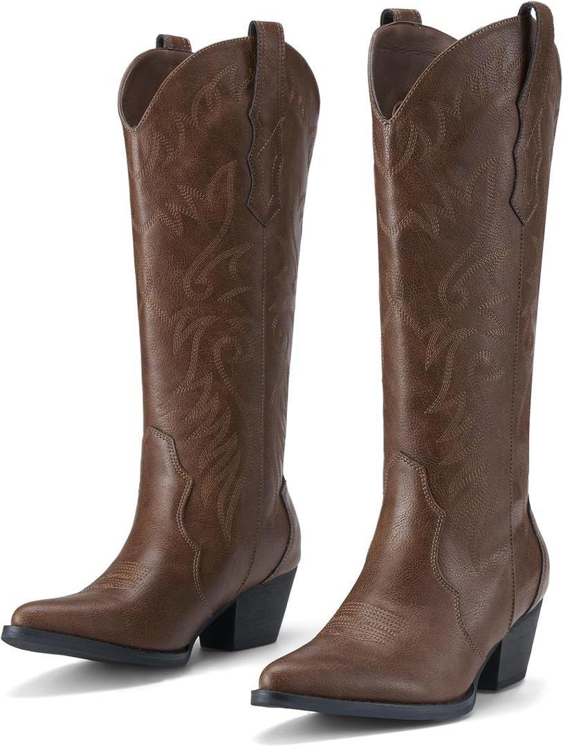 Rollda Cowboy Boots for Women Cowgirl Boots Embroidered Knee-High Western Boots Pointy Toe with Chunky Heel (8, Bronze)