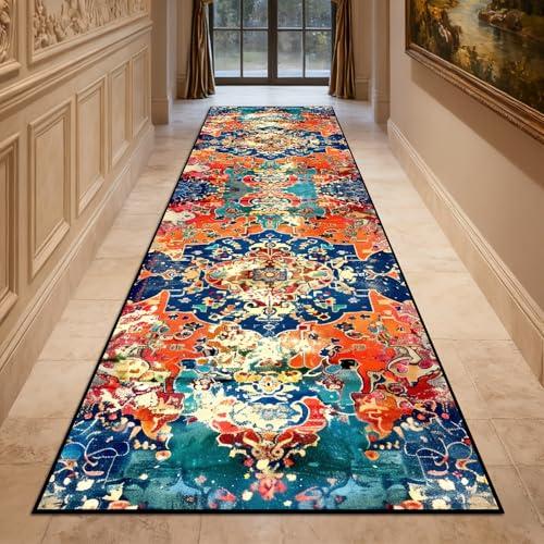 Washable Corridor Runner Rug,Non-Slip Bright Red Hallway Rug Runner with Upgrade Rubber Backing,Stain Resistant Faux Wool Distressed Carpet for Bedroom Kitchen Laundry Corridor Balcony (126" x 31.5")