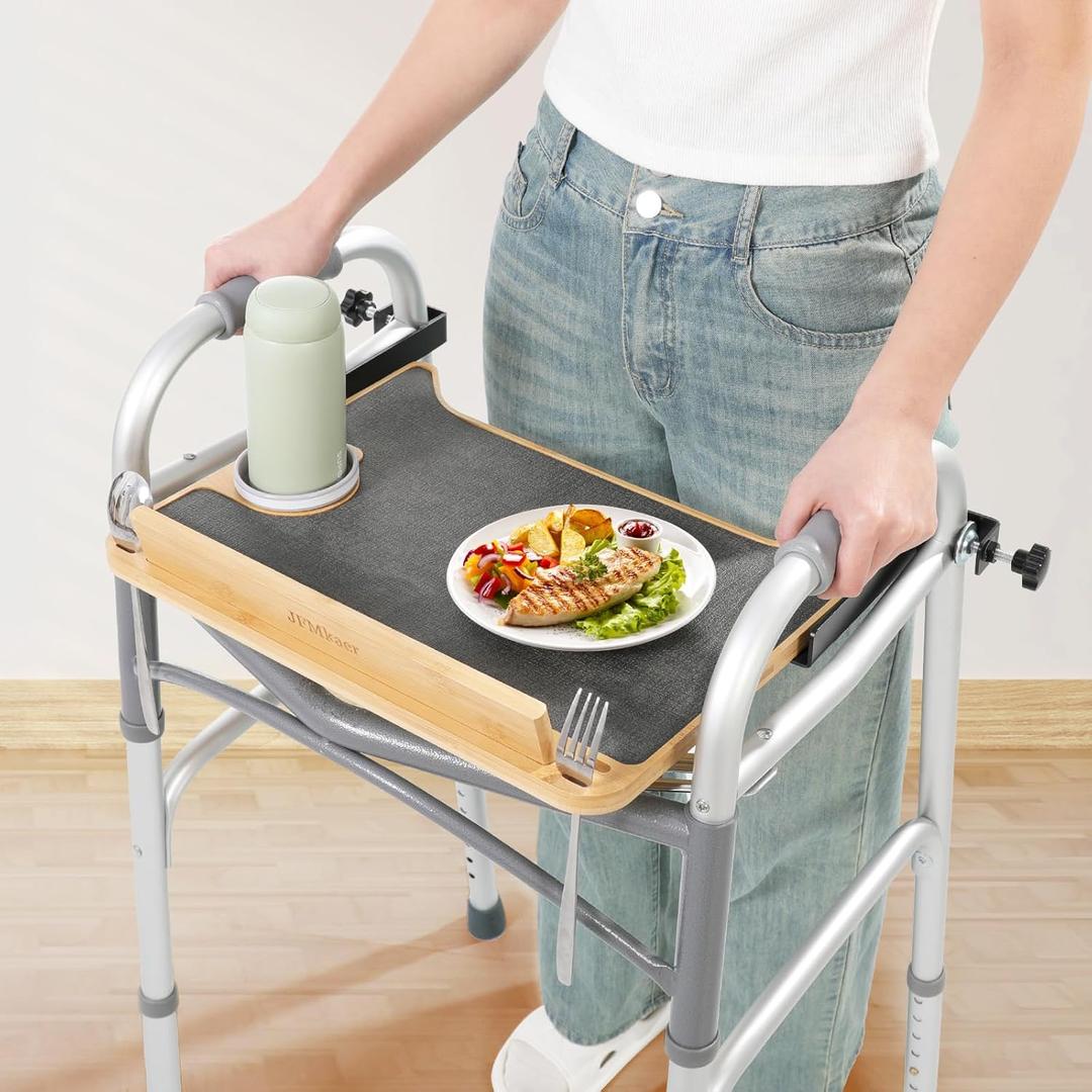 Detachable Tray for Walkers for Seniors with Cup Holder - [Freely Adjustable in All Directions] - Bamboo Mobility Table Fits Most Standard Folding Walkers, Removable & Easy Assembly