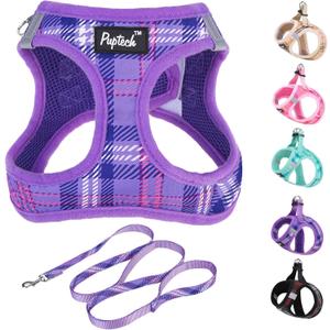 PUPTECK Dog Harness and Leash Set for Small Medium Dogs No Pull Step-in Soft Mesh Puppy Cat Vest Harnesses Reflective at Night, Plaid Pattern Purple L (L(CHEST 18"-20", 16.5-22 lbs))