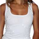 SOLY HUX Women's Rhinestone Crop Tank Top Y2K Ribbed Scoop Neck Sleeveless Fitted Vest Shirts Streetwear (White, XS)