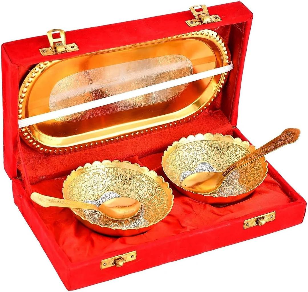 NOBILITY Bowl Spoon Tray Set Gold and Silver Plated Dry Fruits Dessert Serving Set Diwali Christmas Eid Wedding Return Gifts Friends Family Home Decorative Housewarming Corporate Gift items