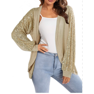 Sequin Cardigans for Women Sparkly New Year Tops Open Front Outerwear Coat Shimmer Glitter Loose Jackets, Size Medium