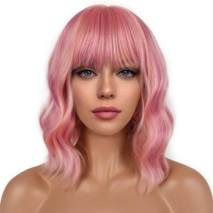 Short Bob Wigs with Bangs for Women Loose Wavy Wig Curly Wavy Shoulder Length Bob Synthetic Cosplay Wig for Girl Colorful Costume Wigs (Lovely Pink)