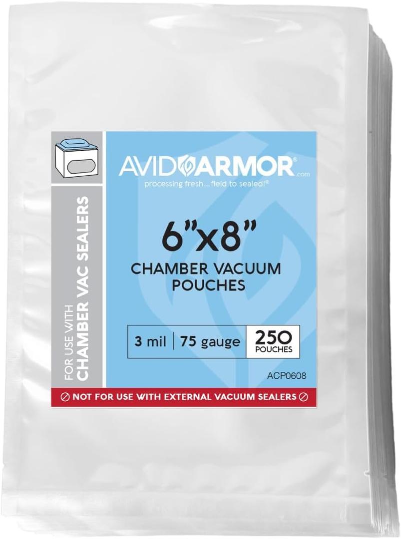 Avid Armor Chamber Vacuum Sealer Bags 6x8" 250 Pack Heavy Duty Commercial Grade, BPA-Free Pouches for Sous Vide, Food Preservation, Meat Storage, Freezing, and Long-Term Storage