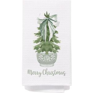 Merry Chinoiserie Christmas Kitchen Towels, Sage Green Porcelain Tree Hand Towels for Bathroom, Bow Dish Towels, Kitchen Bathroom Decor, 16x24 Inch