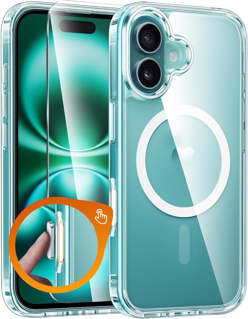 FNTCASE for iPhone 16 Phone Case: Magnetic Military Grade Drop Protection Anti Yellowing Slim Case - Rugged Shockproof Protective Transparent Cell Phone Cover(Clear - Camera Control)