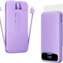 12000mAh Lightweight-Portable-Charger-Power-Bank with Built-in Cables and AC Wall Plug, PD20W USB-C Fast Charging Battery Pack, LED Display External Travel Phone Charger for All iPhone,Samsung,Android (Purple)